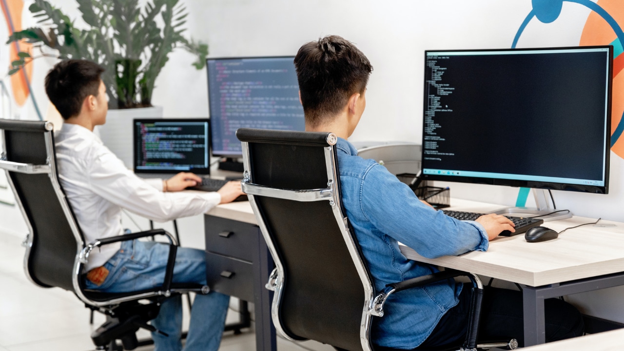 A pair of software engineers code at their workstations.